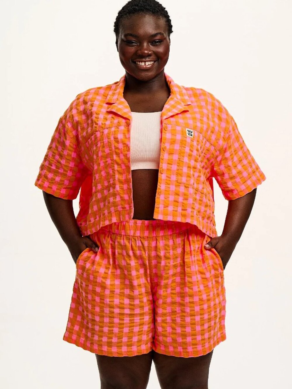 Lucy & Yak Jessie Shorts Pink & Orange Gingham Seersucker NWT L